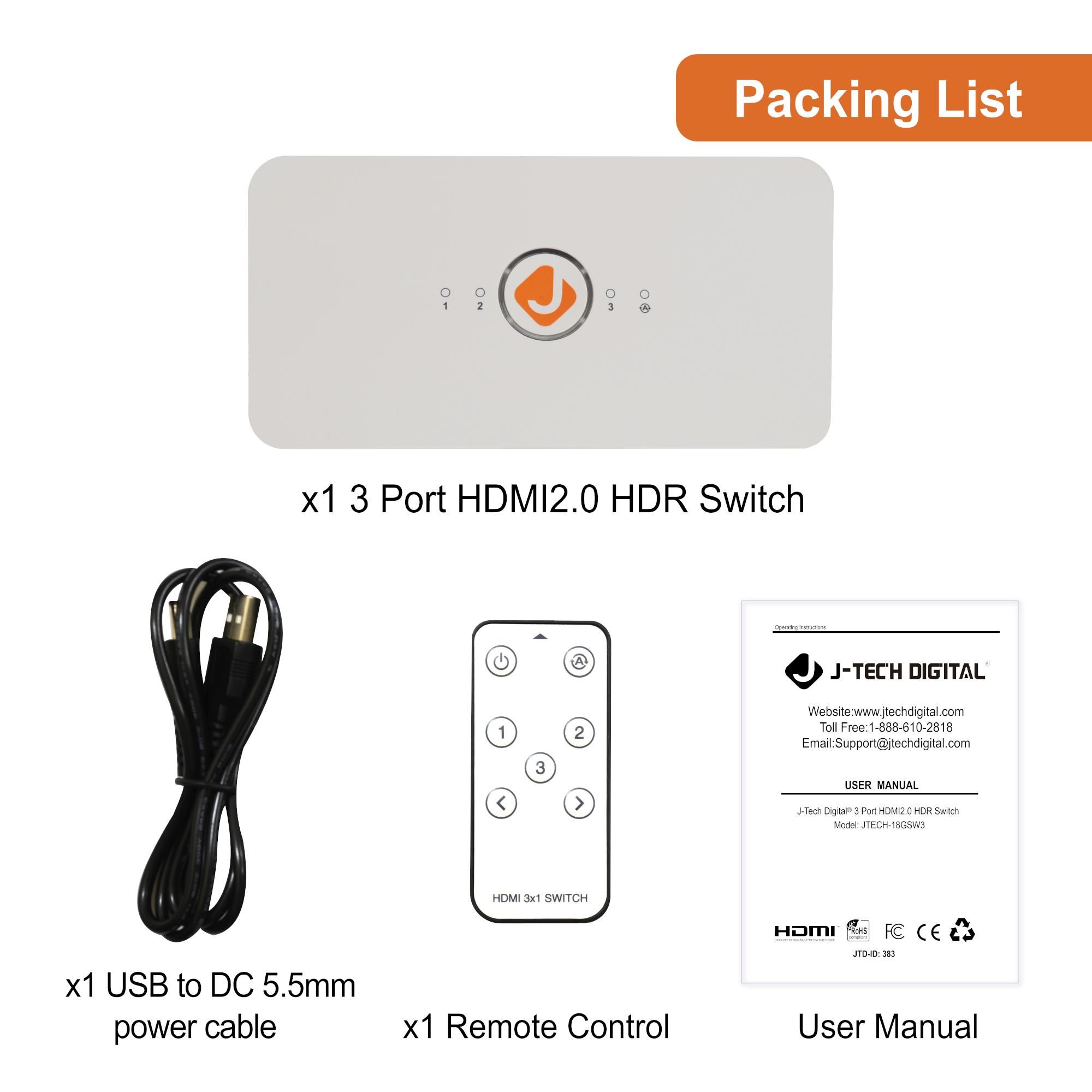 JTech Digital HDMI Switch 3X1 4K60Hz 18Gbps HDR