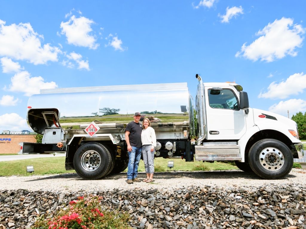 Amthor tank truck financed through Horizon Capital, owner couple standing in front