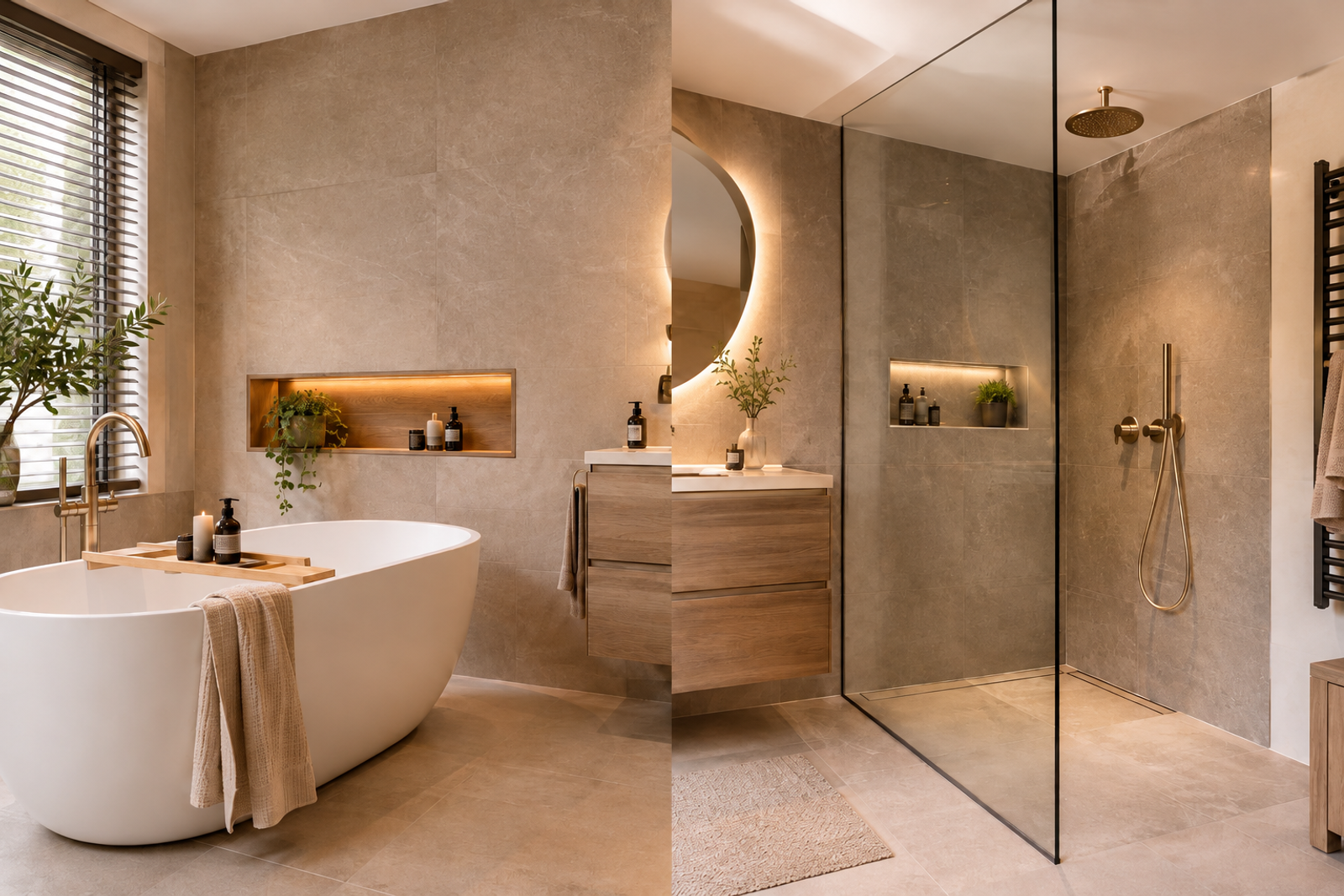 Moderne badkamer met vrijstaand ligbad en warme, natuurlijke materialen.