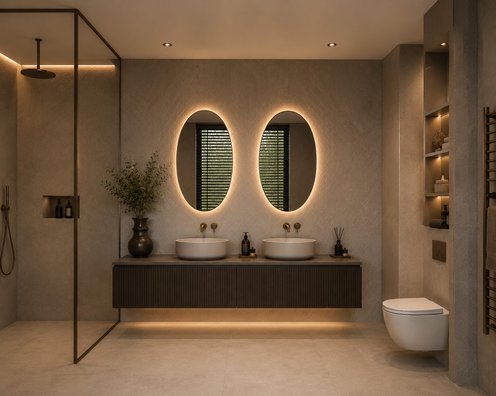 Luxe moderne badkamer met een zwevend wastafelmeubel, dubbele waskommen onder twee ovaal verlichte spiegels en een inloopdouche.