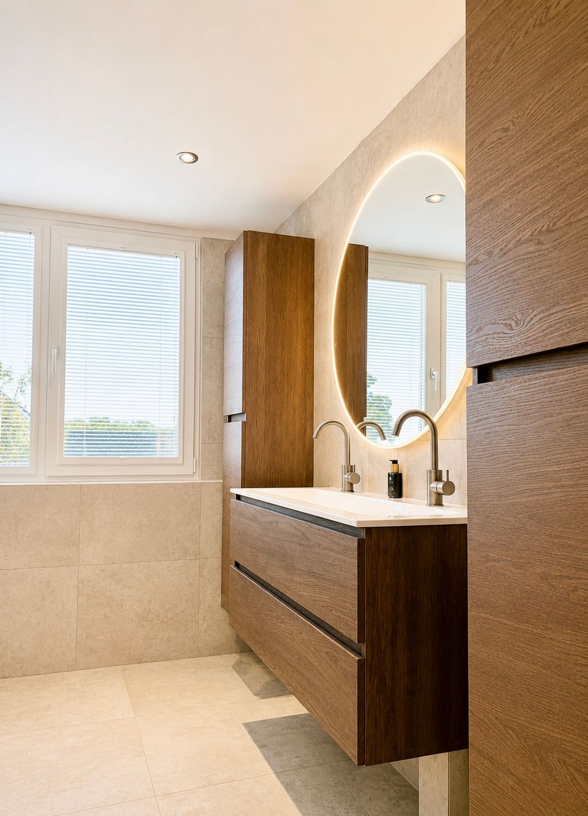 Ruim overzicht van de naturel badkamer met eiken meubel en steenlook wanden