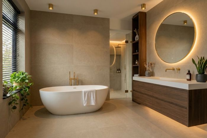 Moderne badkamer met sfeervolle verlichting, houten badkamermeubel en inloopdouche.
