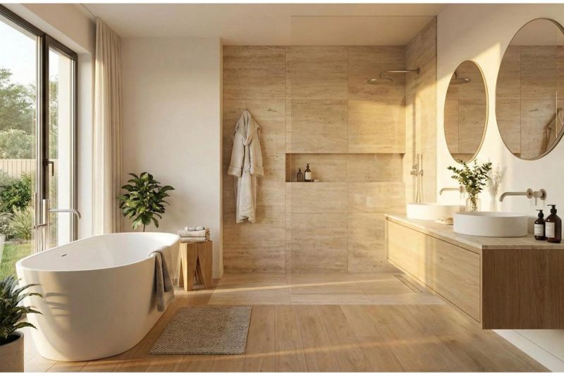 Moderne badkamer met vrijstaand ligbad en warme, natuurlijke materialen.