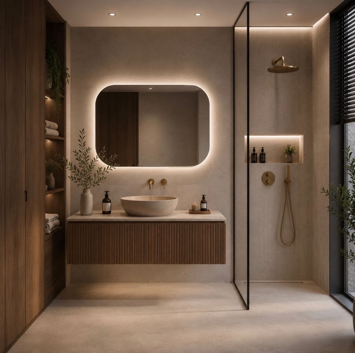 Luxe moderne badkamer met een geribbeld houten wastafelmeubel, stenen waskom, een grote indirect verlichte spiegel en een inloopdouche met messing kranen en een getextureerde achterwand.