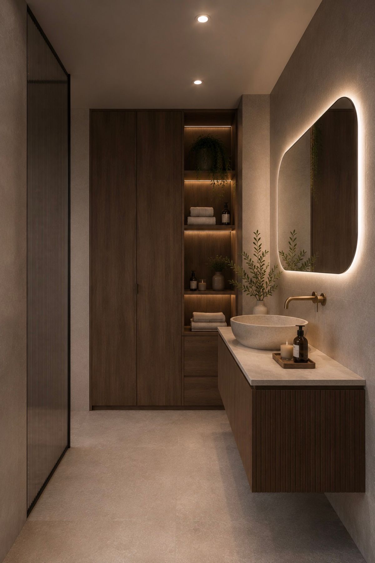 Moderne houten badkamer met een zwevend meubel, een ronde stenen waskom en een koperen wandkraan. Een sfeervolle led-verlichte spiegel hangt boven de wastafel.