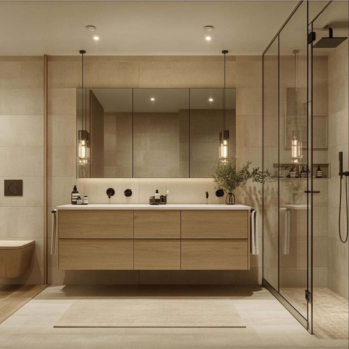 Moderne badkamer met houten badkamermeubel en slimme opbergruimte.