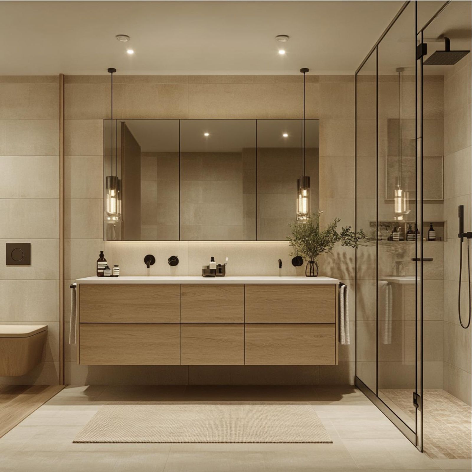 Moderne badkamer met houten badkamermeubel en slimme opbergruimte.