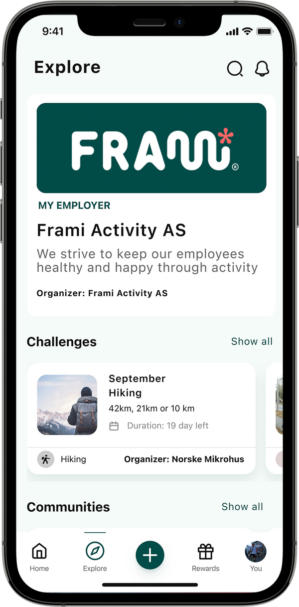 The home page of the Frami Activity app on a phone screen.