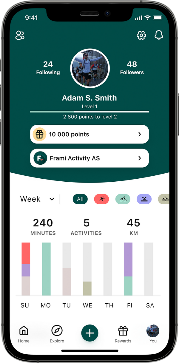 The frontpage of the Frami Activity app on a phone screen.