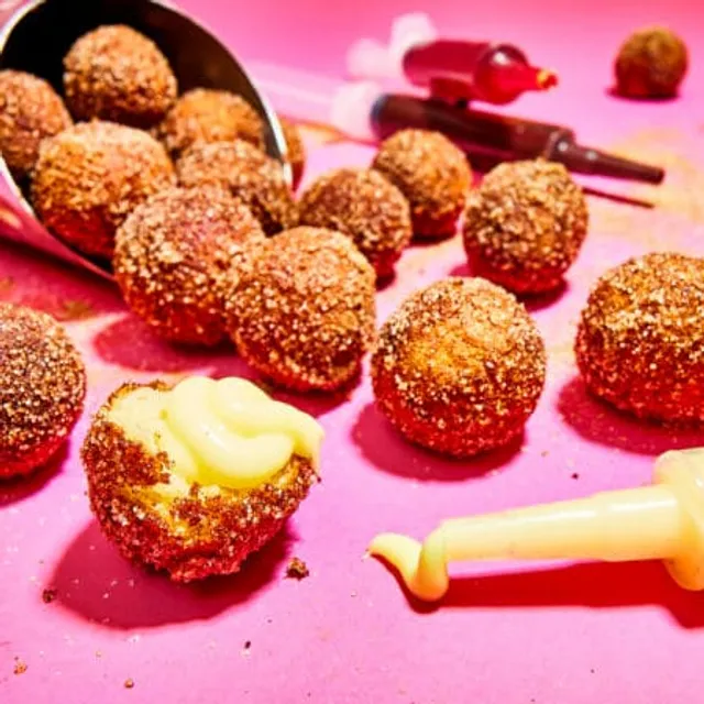 Filled doughnut bites served with dipping sauces.