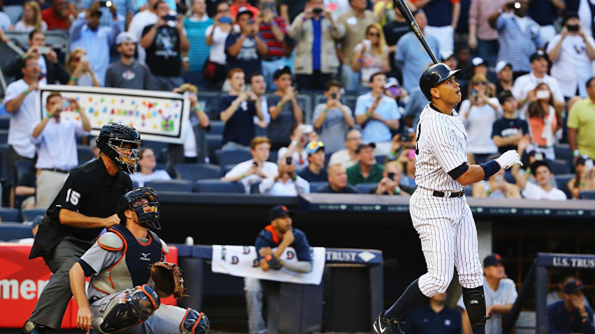 ARod watches as he launches a home run for his 3000 career hit