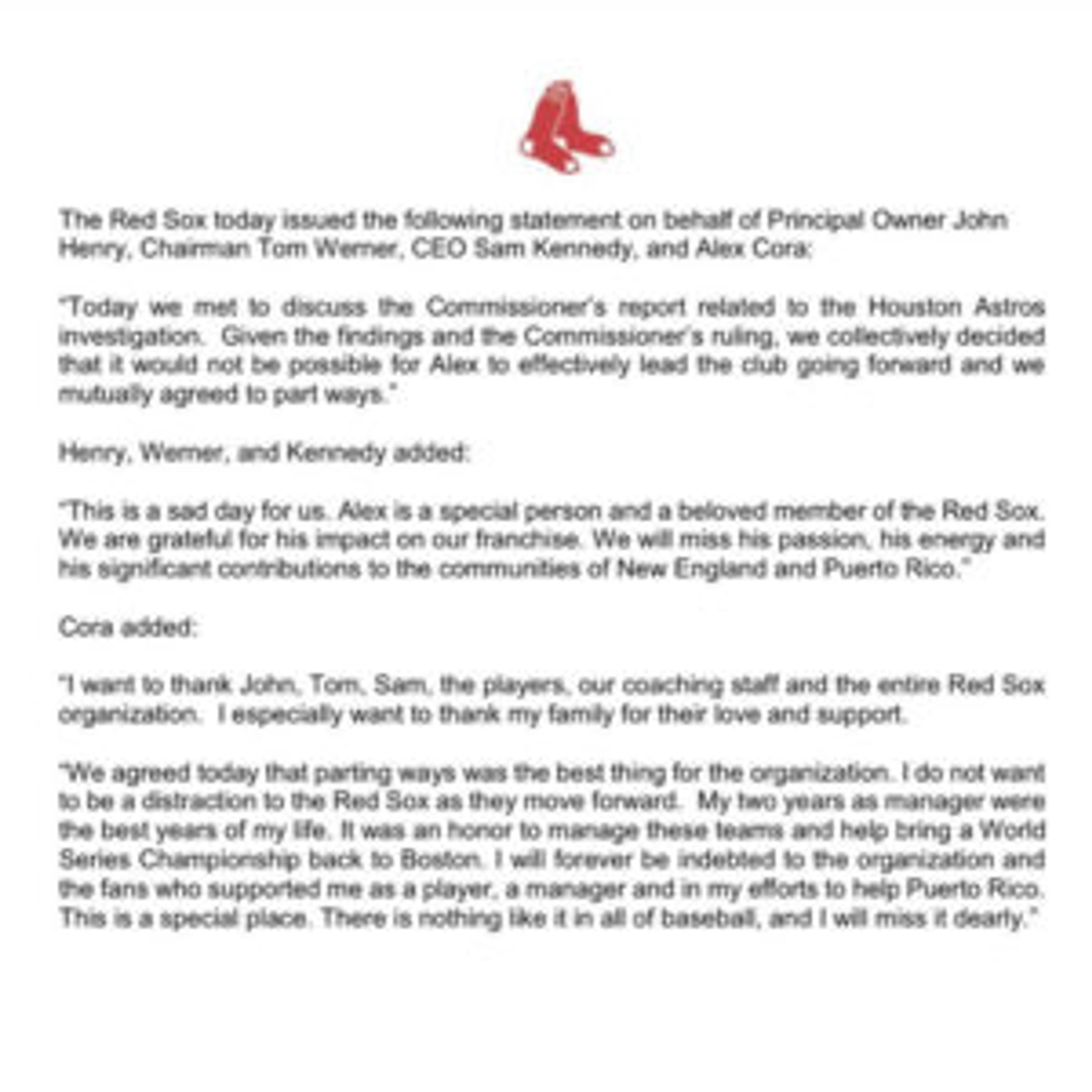 Red Sox and Alex Cora part ways