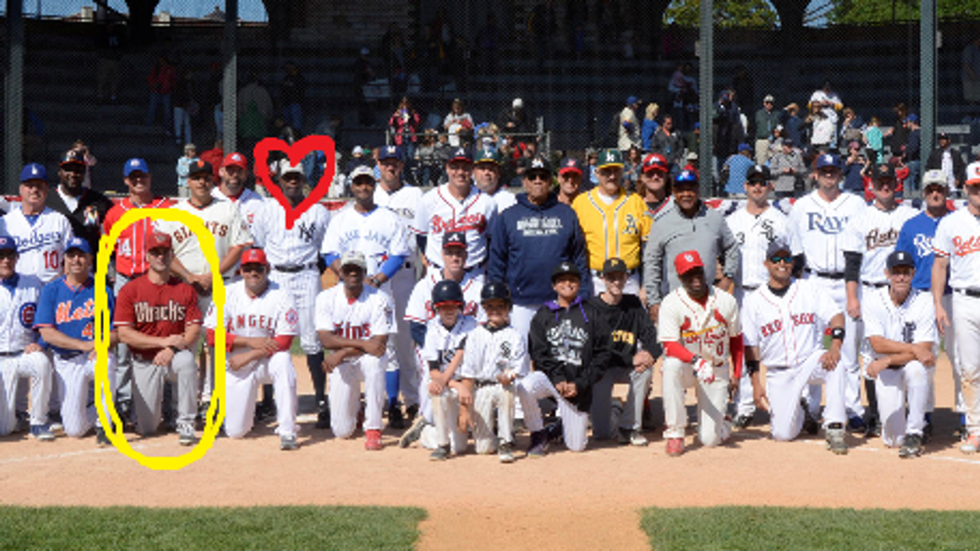 Dellucci (yellow circle), Soriano (red heart) & Abreu (green circle) played together in the '15 HOF Classic game.