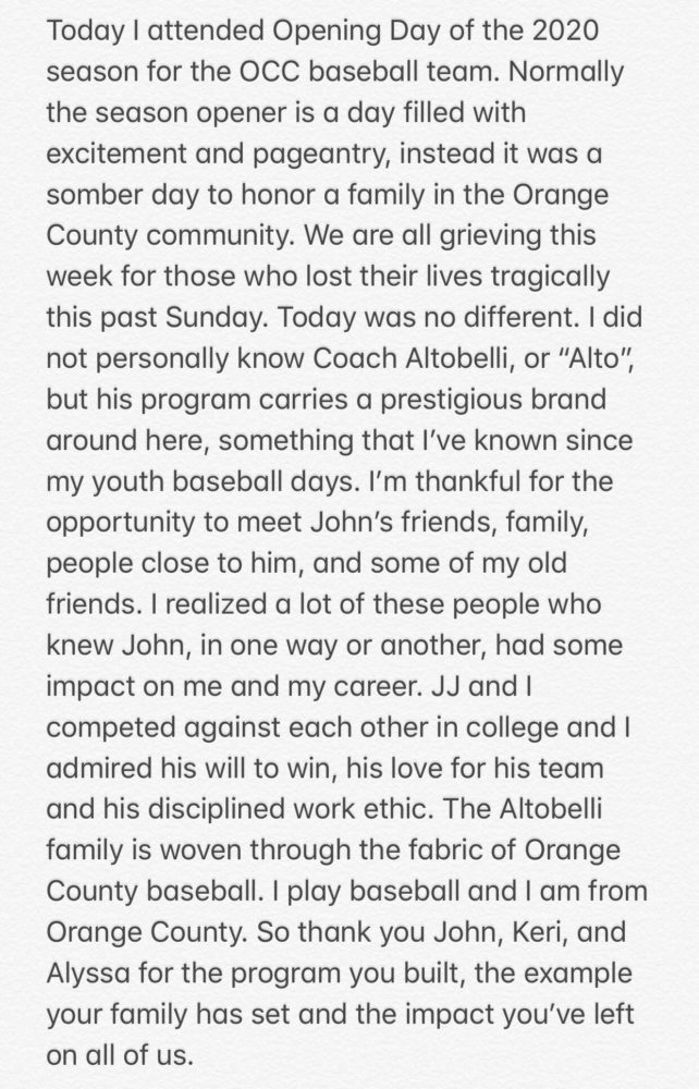 Gerrit Cole pays respects to John Altobelli