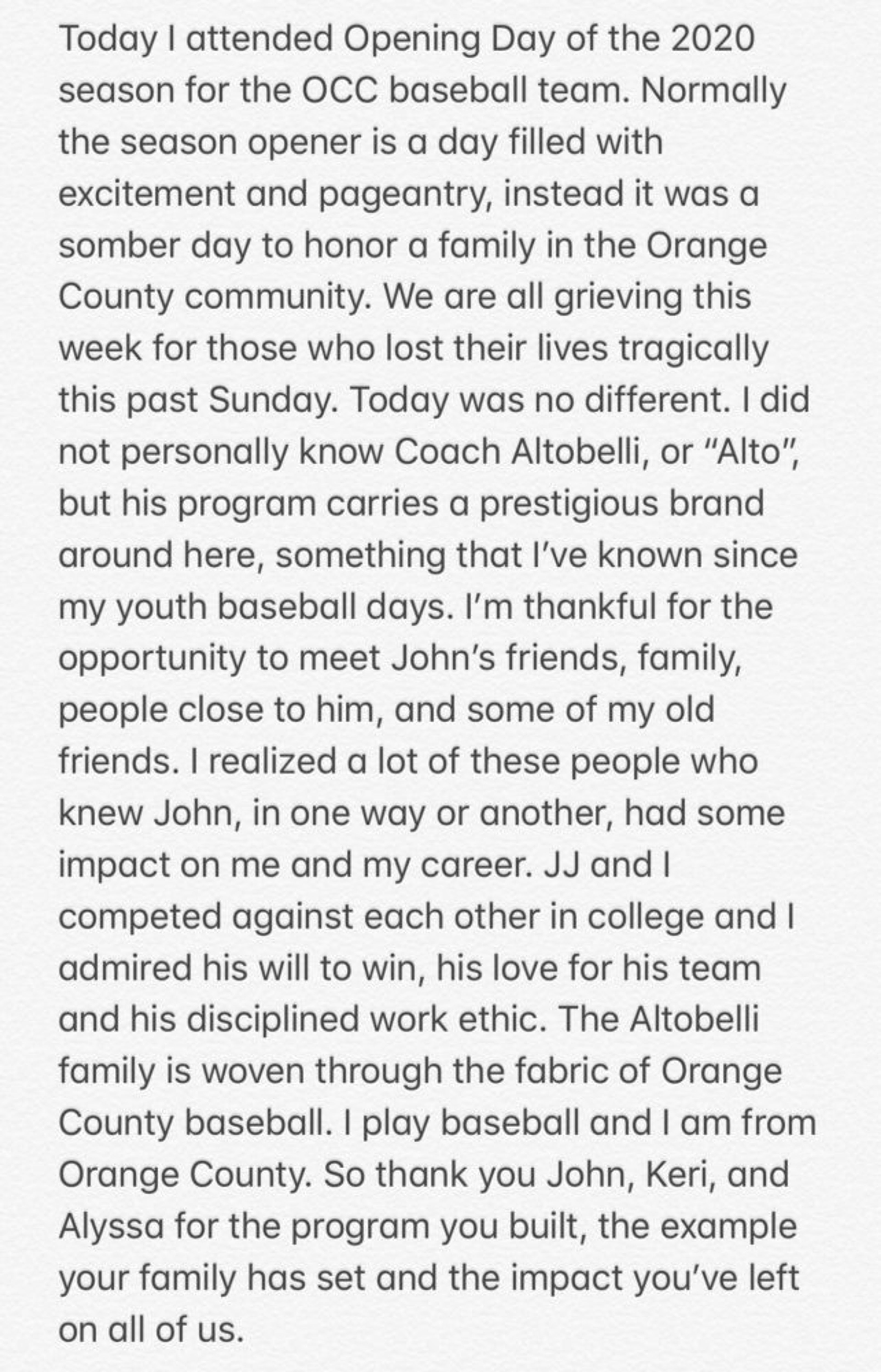 Gerrit Cole pays respects to John Altobelli