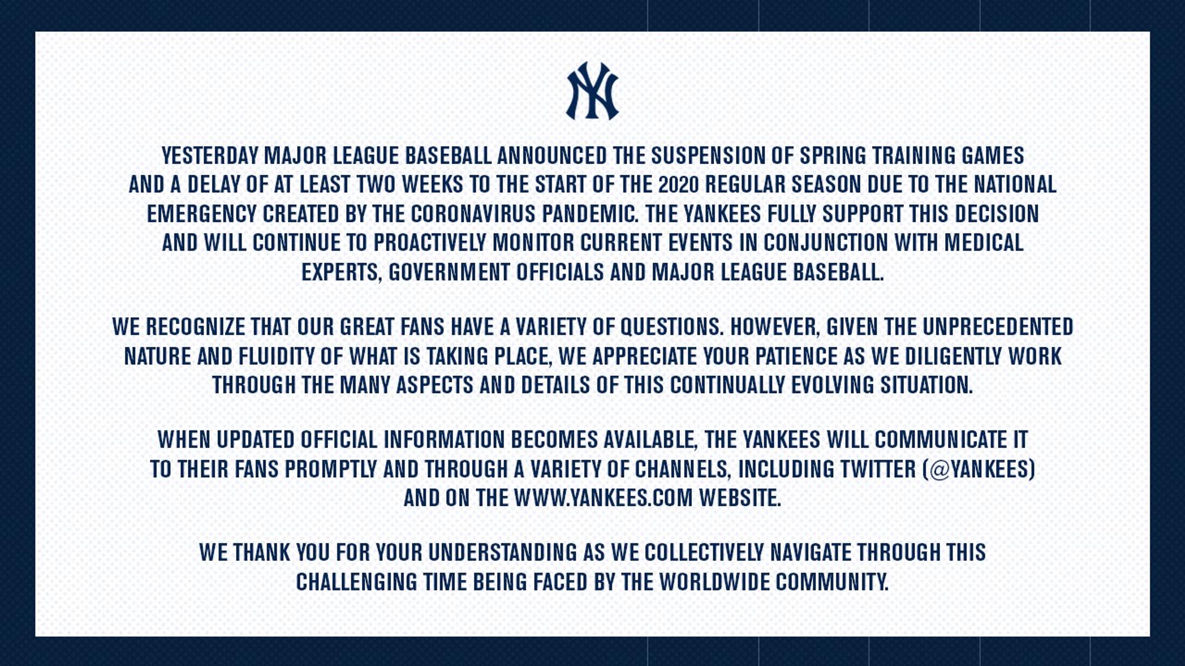Yankees release statement on Coronavirus