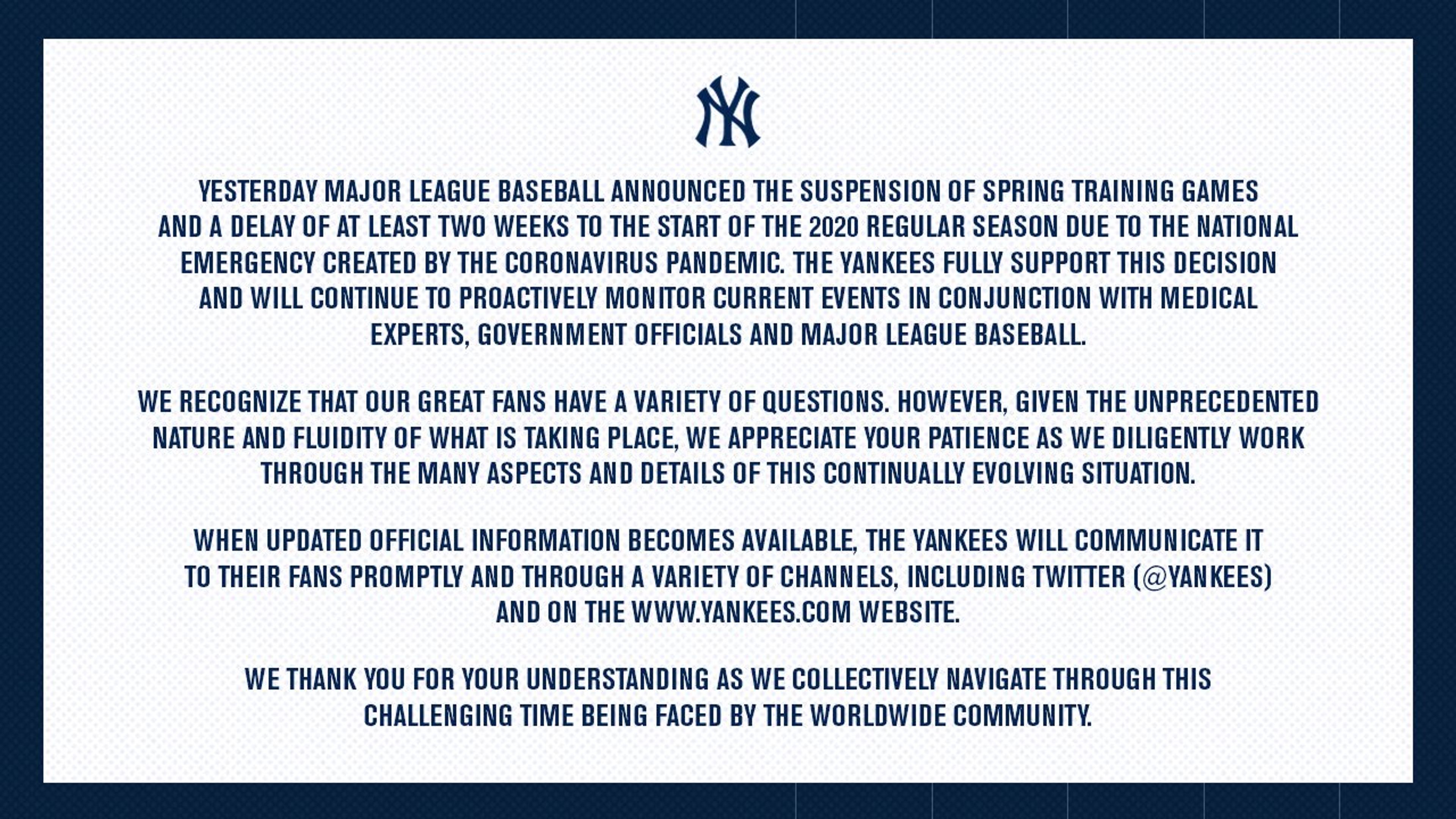 Yankees release statement on Coronavirus