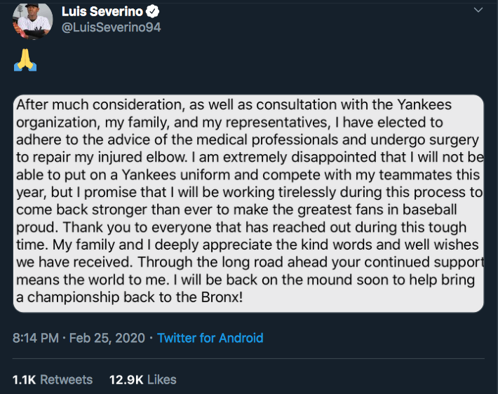Luis Severino: I'll come back stronger than ever