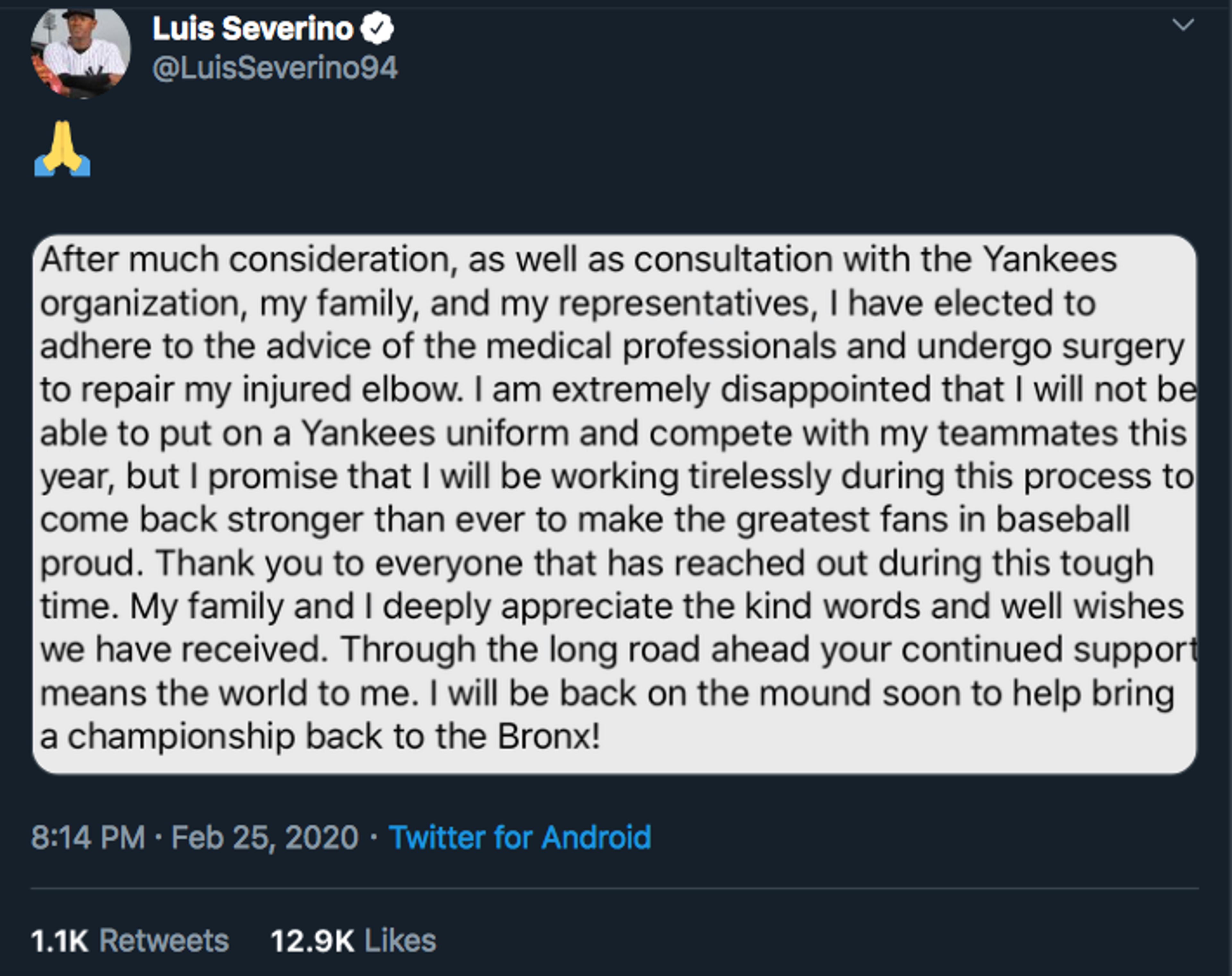 Luis Severino: I'll come back stronger than ever