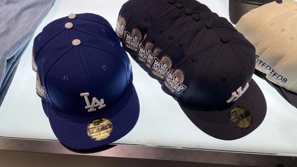 2024 World Series caps for the Los Angeles Dodgers and New York Yankees
