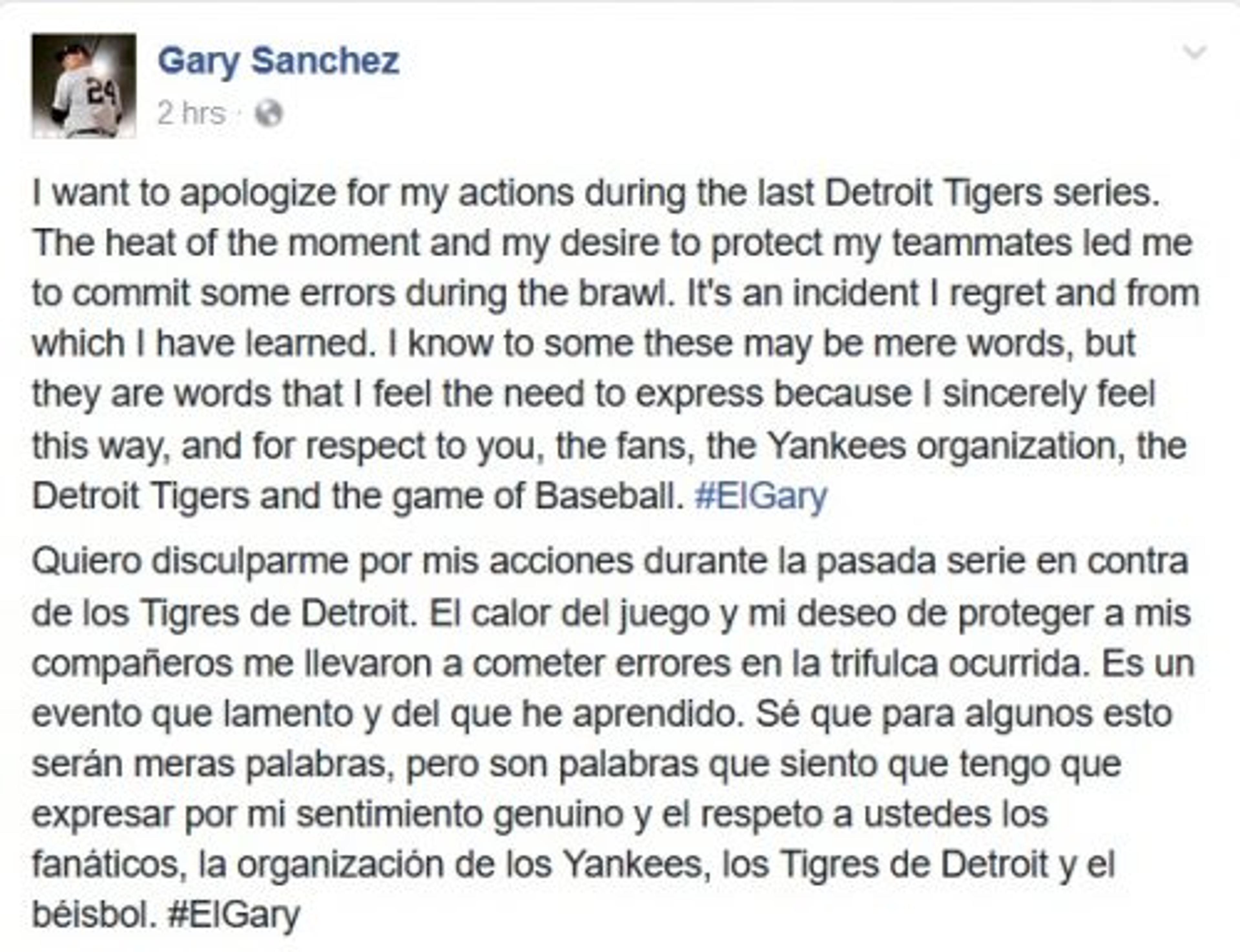 Gary Sanchez to serve three-game suspension