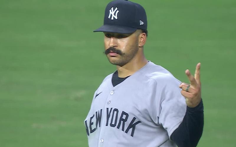 Trent Grisham tracks a fly ball in center field at Yankee Stadium as fans look on.