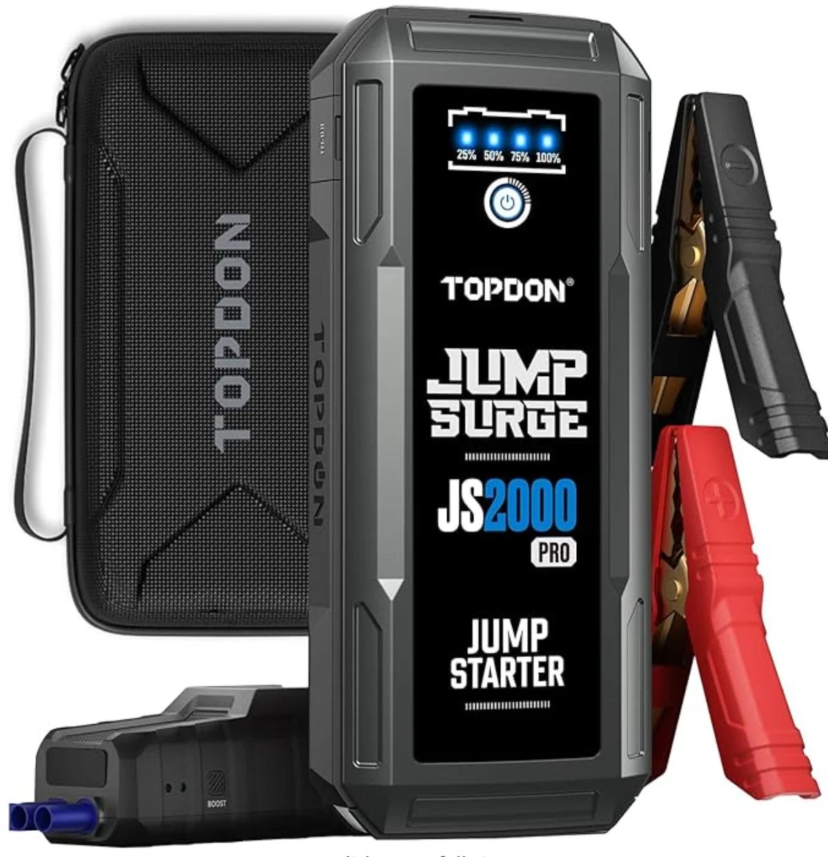 TOPDON JS2000 Pro 2500A portable car battery jump starter with jumper cables and EVA carry case