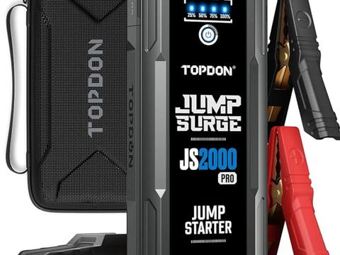 TOPDON JS2000 Pro 2500A portable car battery jump starter with jumper cables and EVA carry case