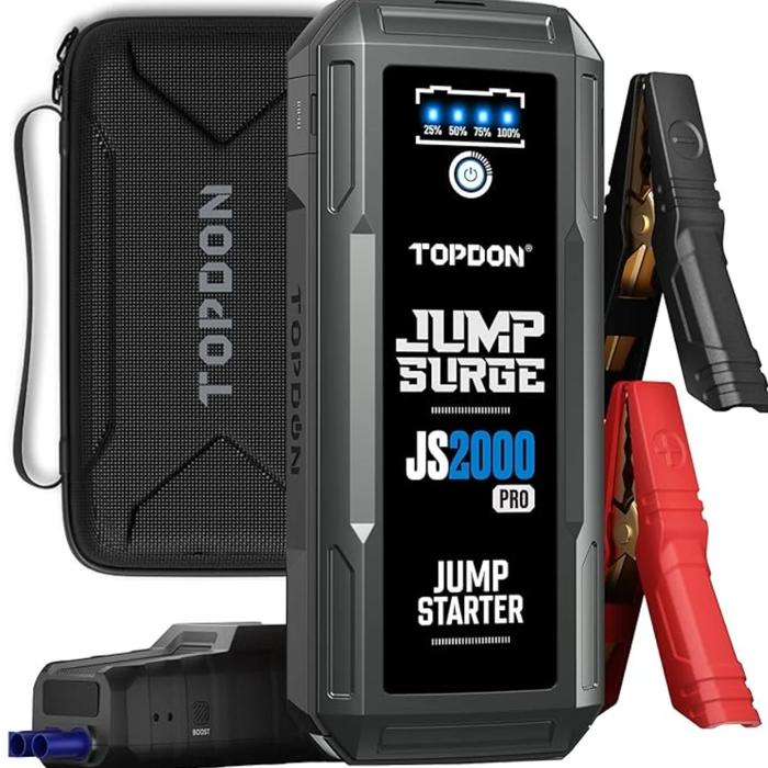 TOPDON JS2000 Pro 2500A portable car battery jump starter with jumper cables and EVA carry case