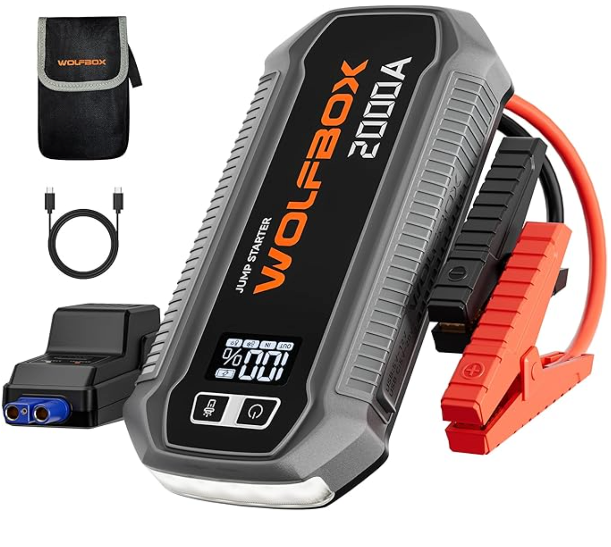 WOLFBOX 2000A jump starter power pack with LCD display, jump leads, USB charging ports and emergency LED light.