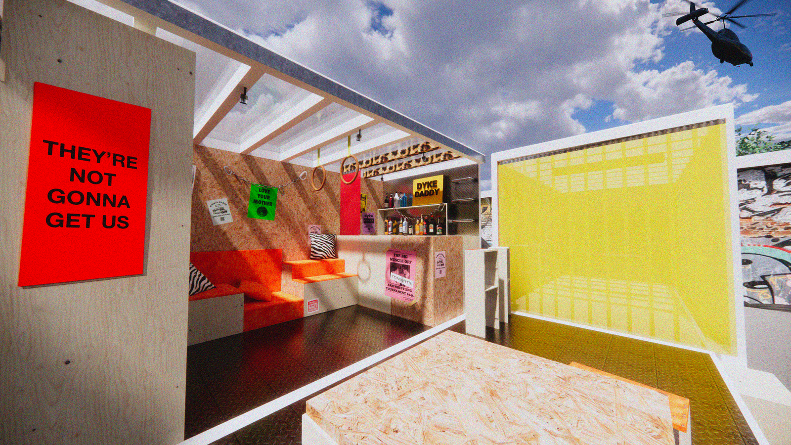 A digital render of the bar in 'expanded' mode during the day, where one side of the van is flipped down