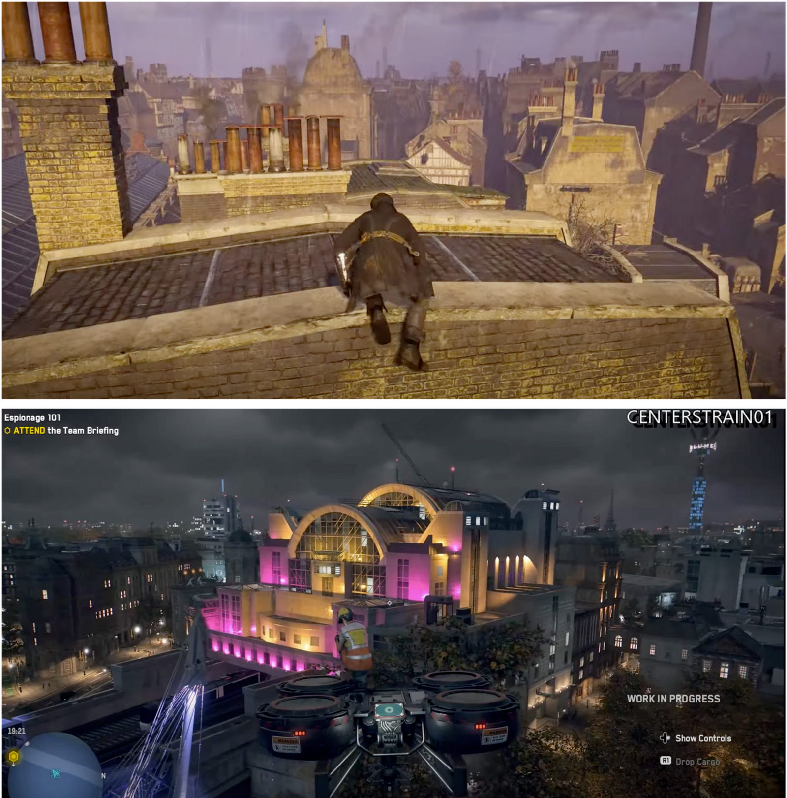 Collage of 2 images showing video game characters navigating London's cityscape
