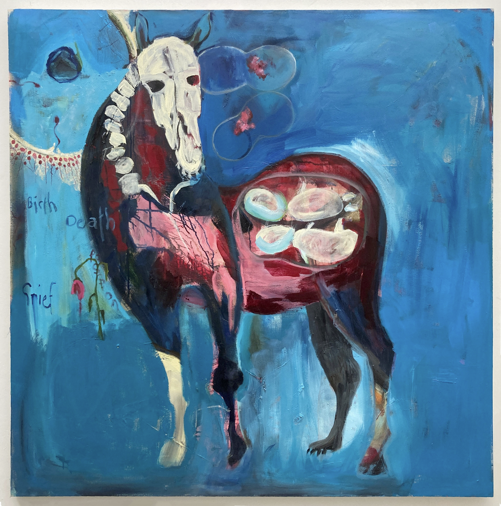abstracted horse with skull in blue background with embryonic twins in utero