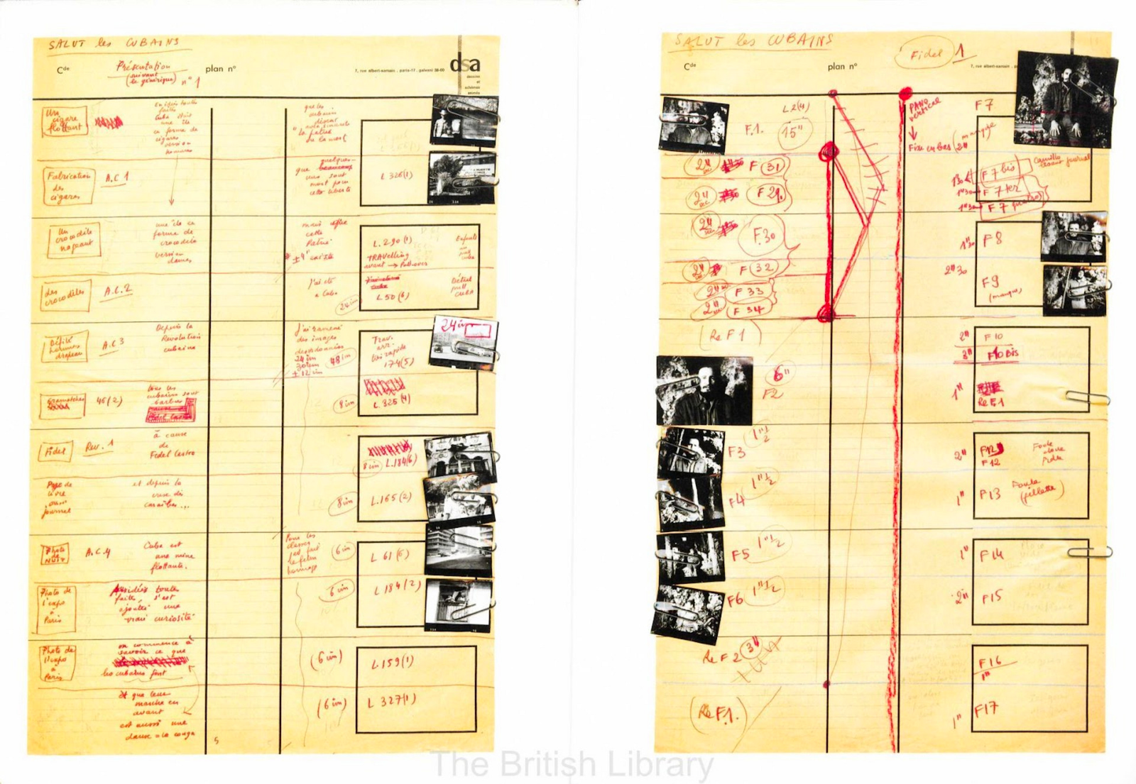 Photographs being sorted into sequence with detailed notes by Agnes Varda.