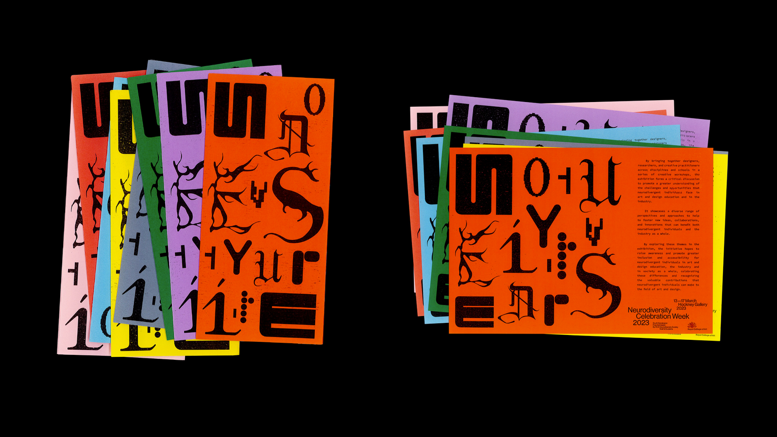 Orange exhibition guides with black glyph forms, each a different hand-drawn character spelling out ‘Neurodiversity'.