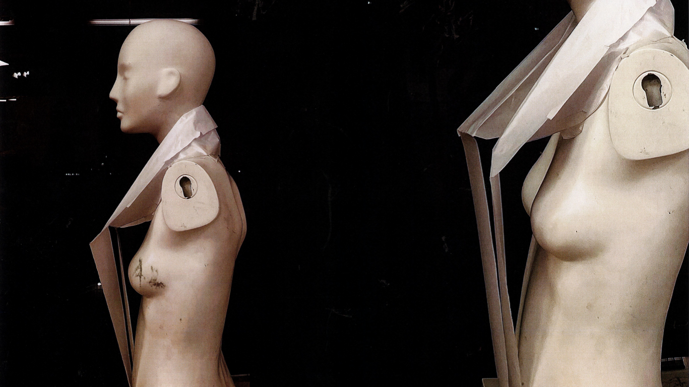 Photo of 2 mannequins without arms, paper collars around necks