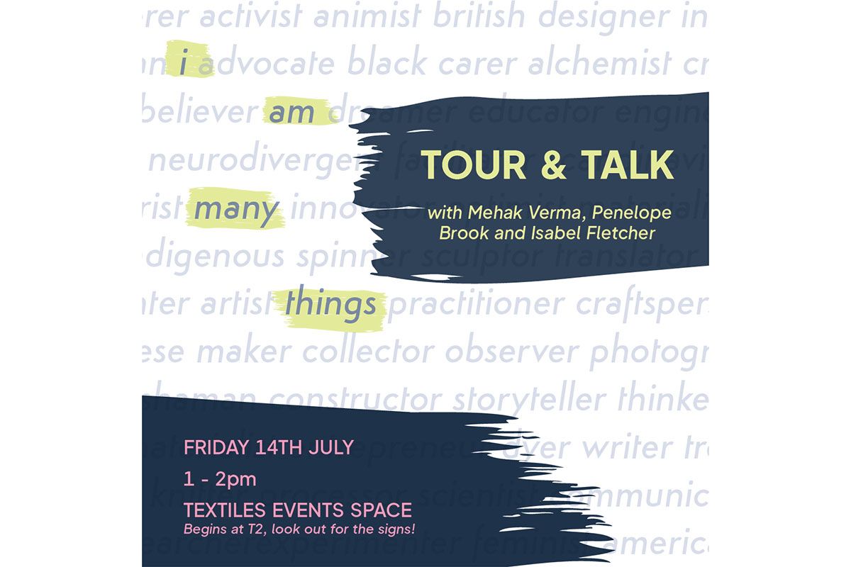 A montage of 3 portraits of the textile artists who will be talking during this event. On the leftis a black and white headshot of a young woman with dark hair cut into a bob, she is wearing a dark turtleneck top with buttons down the front and standing in front of a white background. In the centra is a woman with long blonde hair smiling gently into the camera, she is wearing a black and white gingham smock dress, red hanging earrings and in her hands looks to be a wooden sculpture. The final portrait on the right is a undistinguishable figure walking along a sandy beach, the figure seems to be wearing lots of warm clothes and although the weather is bright there is fog behind them blurring out the shape of the hills in the distance.