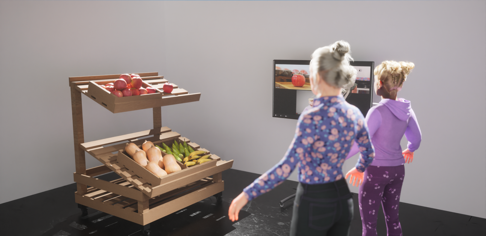 This is a rendered image of how this work will be exhibited, contains a grocery shelf, a screen and a few audiences.