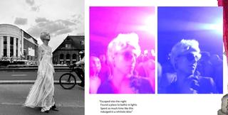 Photo collage of black and white, hot pink, and blue images of the same person in the city and in a club with a short poem below