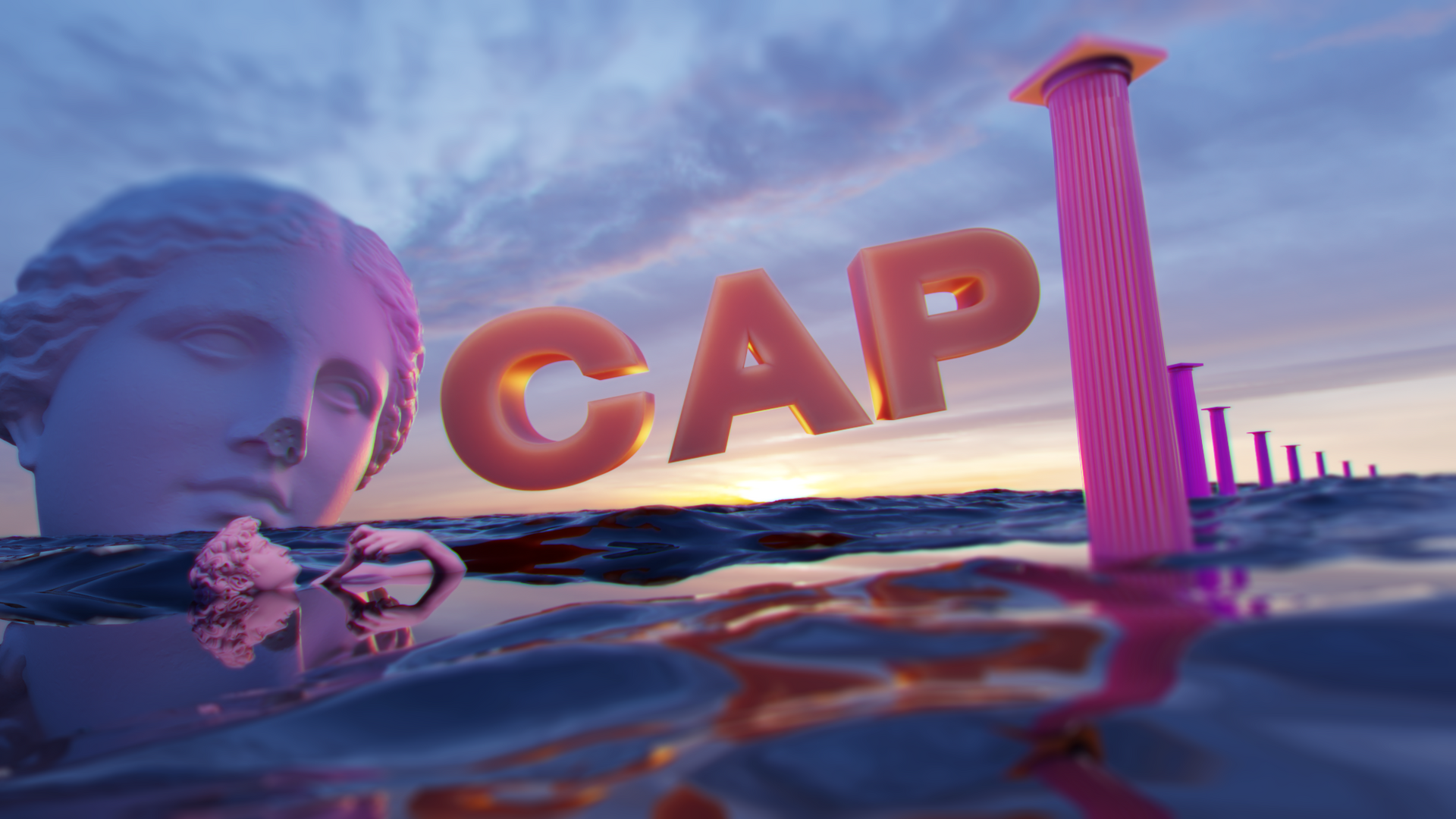 CAP in bold orange letters floating over a sea with greek sculptures