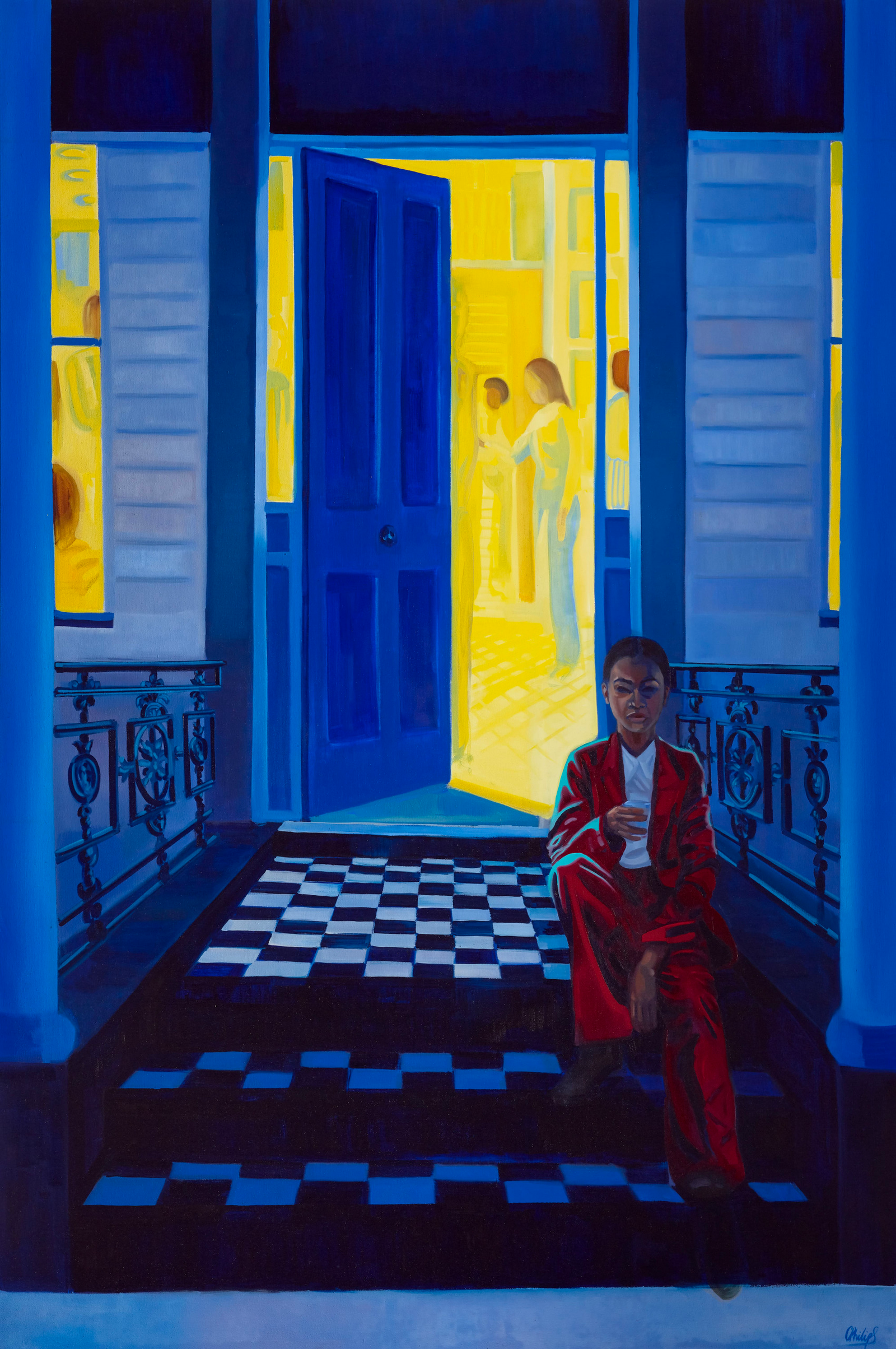 A woman in a red suit sits atop tiled steps. Behind her a door is ajar with abstract figures in yellow light.