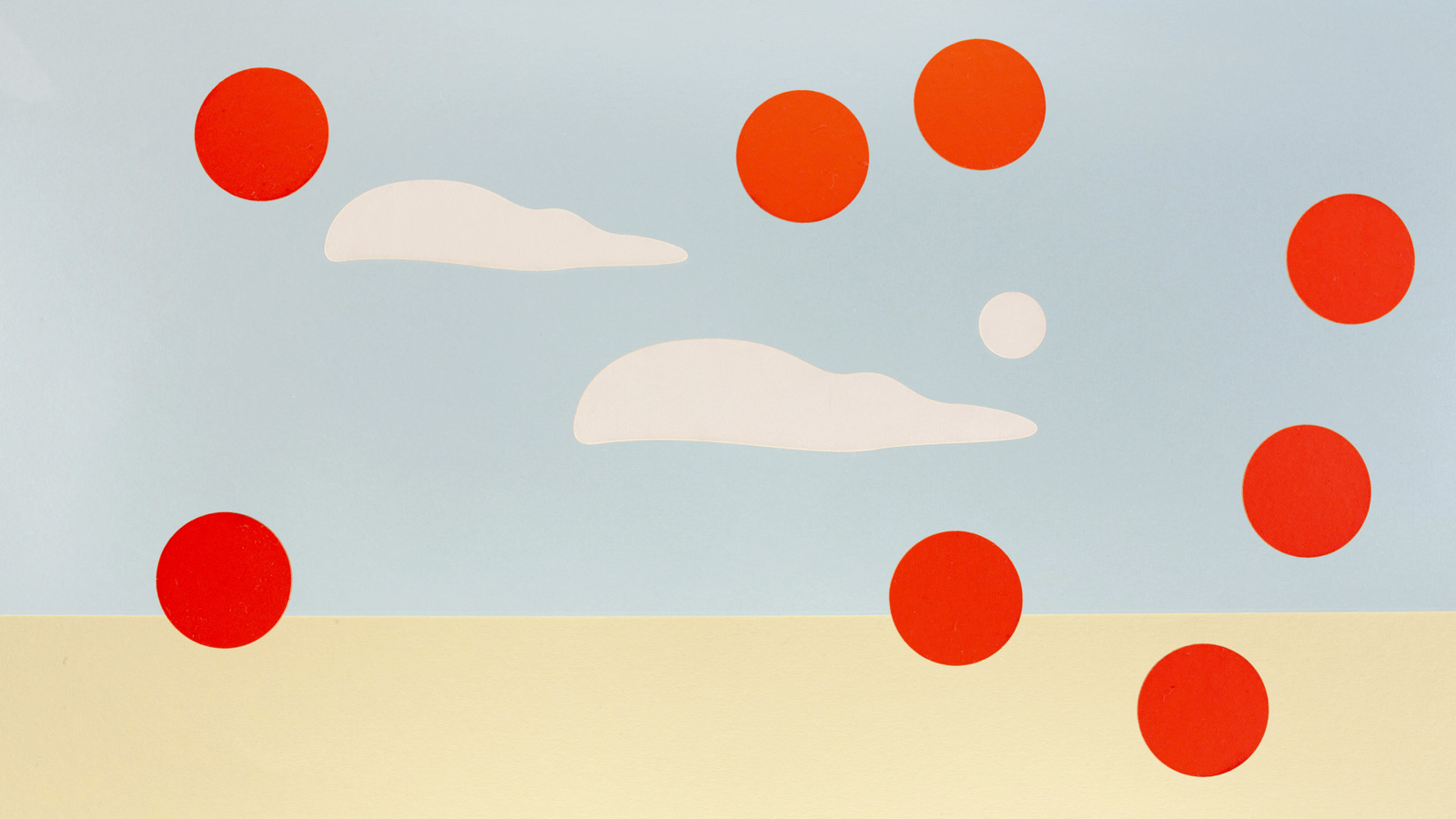 Paper landscape with ground, sky and clouds. 8 red dots arranged as overlay.