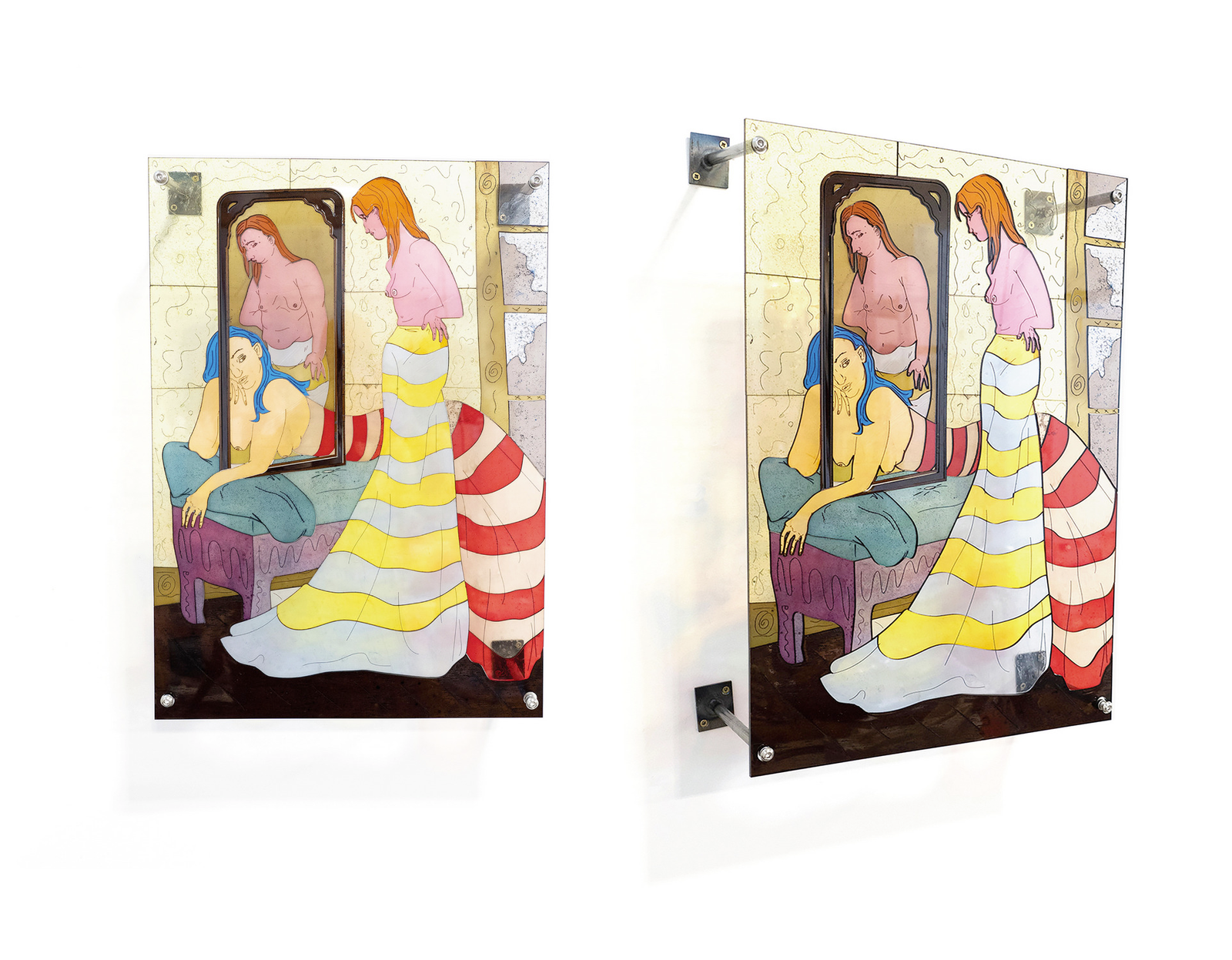 Acrylic glass painting portraying a standing woman, a lying woman and a woman inside of a mirror frame all in striped dresses