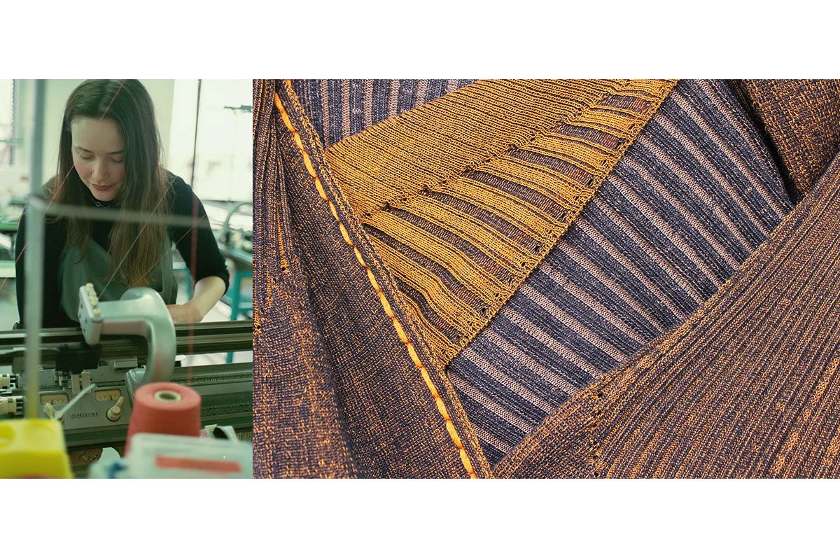 Photo montage of Zoë working in studio and some of their textiles