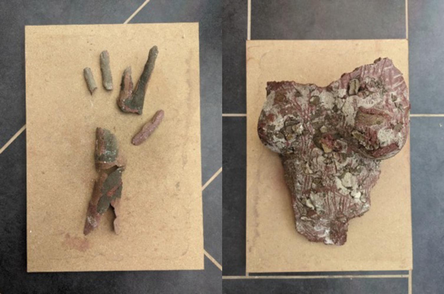 Photo montage of broken terracotta hand and torso