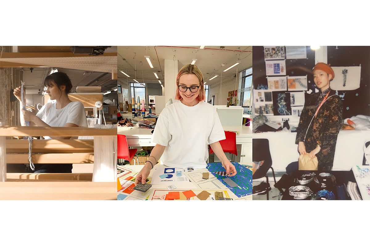A montage of 3 portraits of textile students who will be conducting the talk. On the left is a young woman in a white t-shirt, she is photographed through the frame of her large wooden loom and is holding up a hank of yarn. In the centre is another young woman with pink and blonde short hair, she is photographed across a table and where she is laying out sampled of materials, she is smiling while she completes her work. The final portrait on the right shows a young artist stood in their studio surrounded by inspiration images and material samples. they are stood and looking into the camera and appear to be photograph using an old film camera.