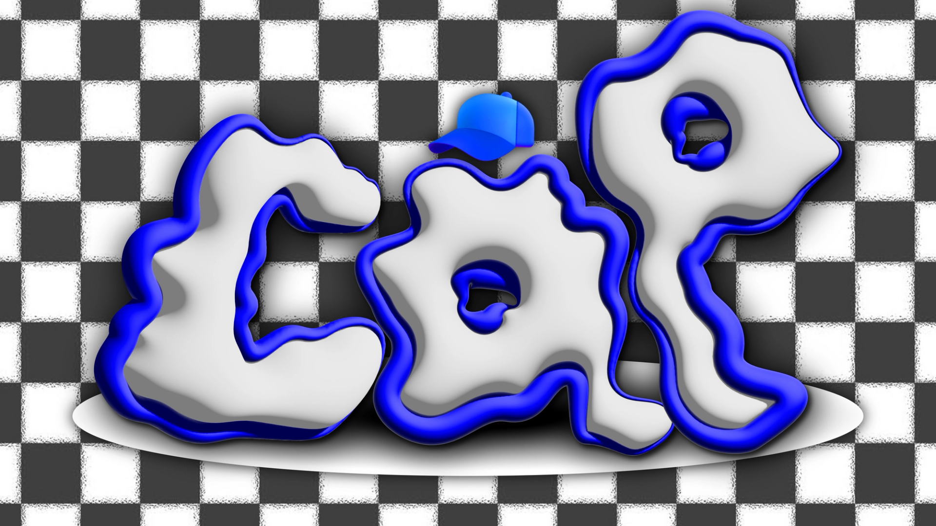 CAP in white wiggly letters outlined in blue on a checkerboard background