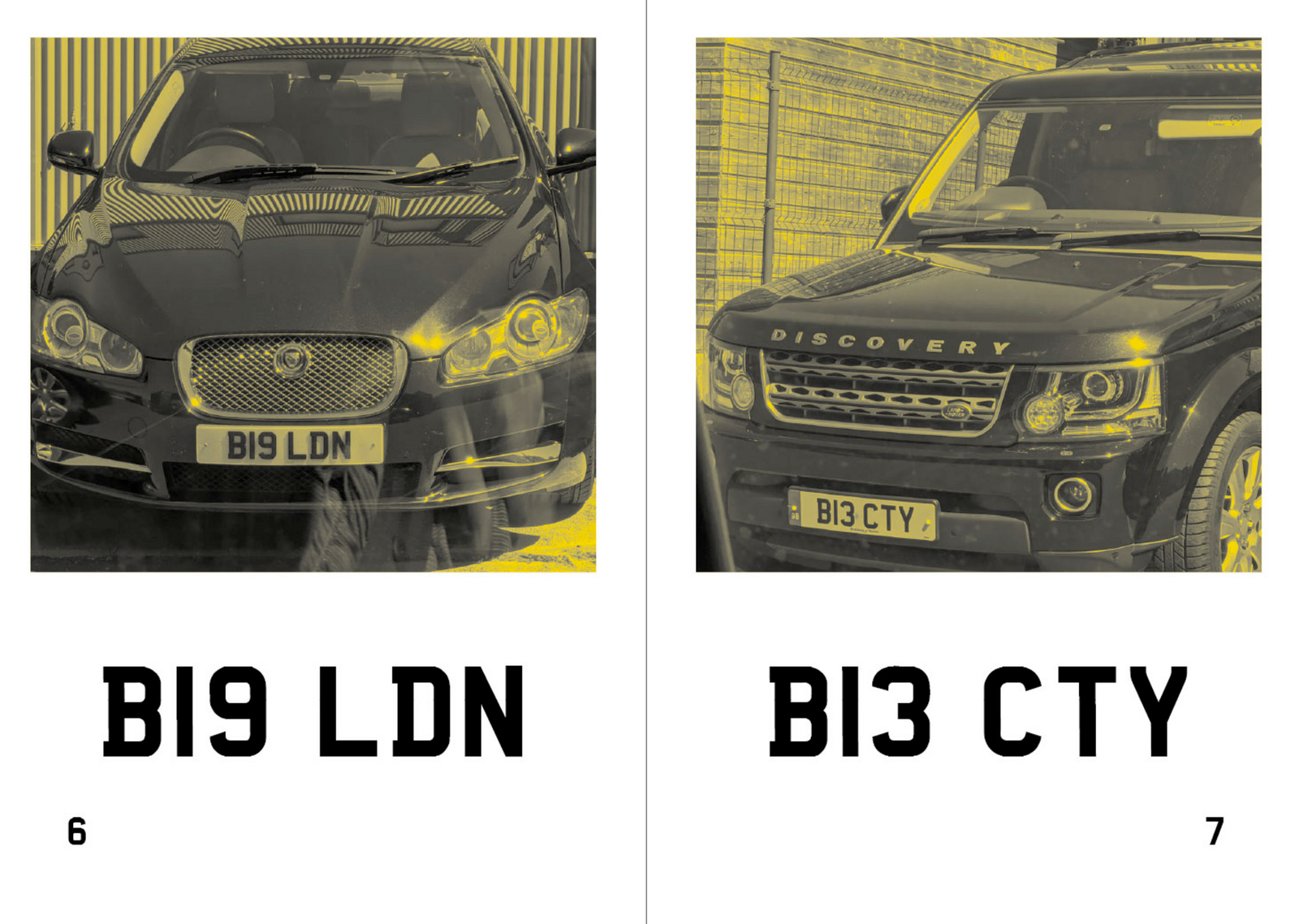 Publication spread of two black and yellow cars with custom licence plates