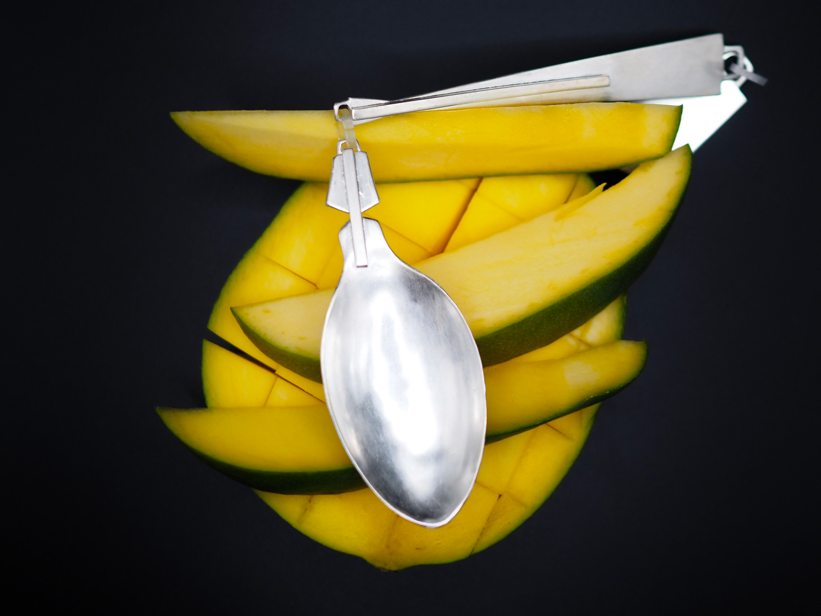 Spoon broken into three parts, sitting on a cut up mango 