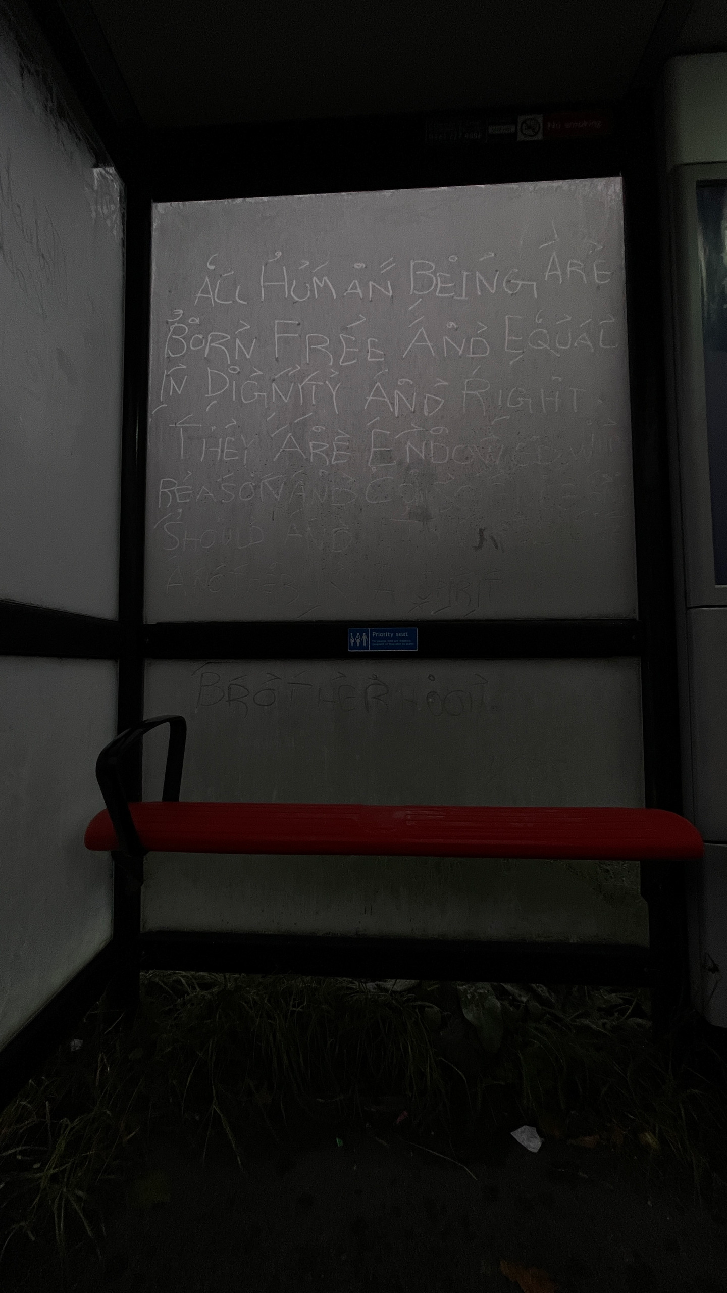 In this series, the UN's thirty fundamental human rights were inscribed on ice-covered glass sheets at London bus stations.